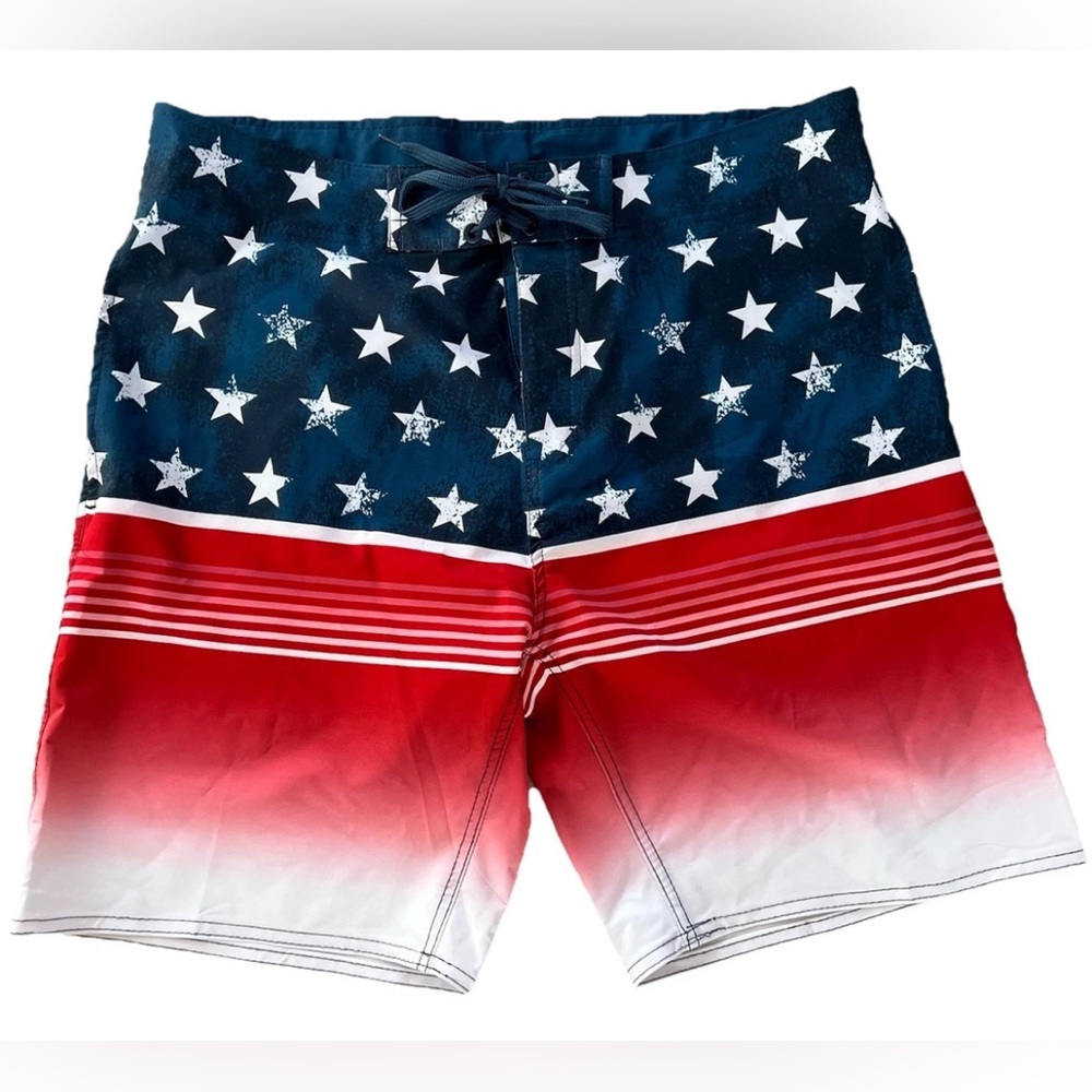 Burnside American Flag Board Shorts Mens 34 Swim Trunks USA Attached Wax Comb